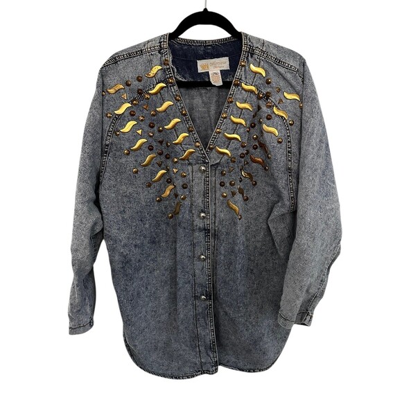 Monique Fashions 80s Acid Washed Blue Denim Gold Stud Shirt Jacket  13/14 - Picture 1 of 10